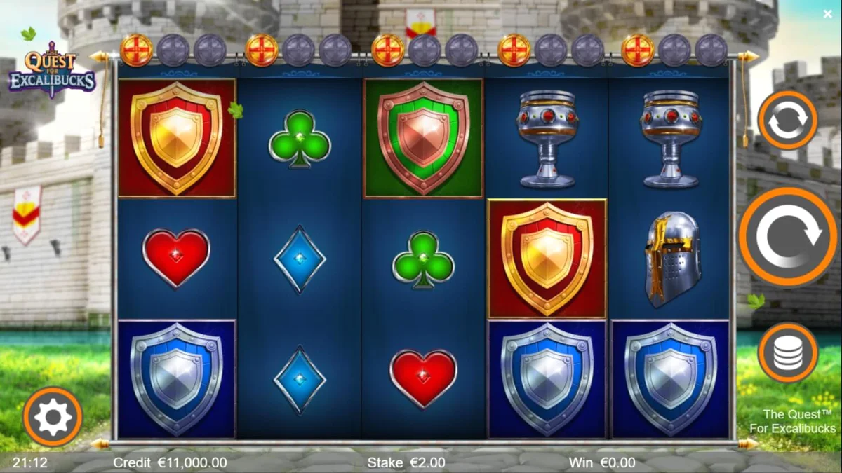 Interface do jogo de slot The Quest™ for Excalibucks com temática medieval