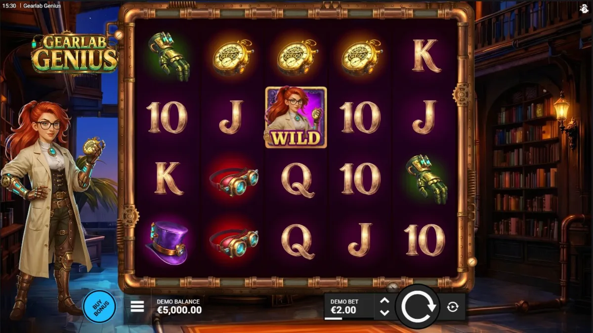 Interface do jogo de slot Gearlab Genius com engrenagens e elementos steampunk